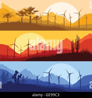 Vento generatori di energia elettrica, i mulini a vento in Desert Palm tree e i cactus mountain Landscape Ecology lo sfondo dell'illustrazione Illustrazione Vettoriale