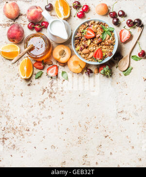Sana colazione ingredienti. Ciotola di oat granola con latte, frutta fresca e bacche e miele Foto Stock