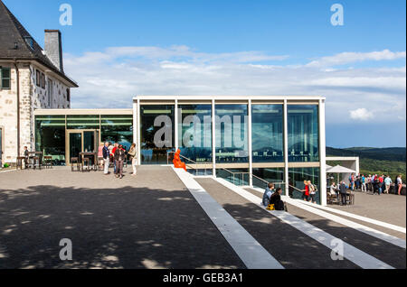 Drachenfels mountain view point, ristorante, pavilion Siebenbirge, sette zona di montagna, la valle del Reno, Germania Foto Stock