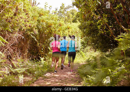 Un maschio e la sua femmina di due amici in esecuzione su di un sentiero per jogging circondato da alberi in tarda mattinata le ombre che indossa la t-shirt un Foto Stock