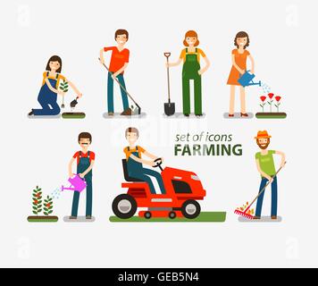 Agricoltura e Giardinaggio set di icone. Le persone al lavoro in azienda. Illustrazione Vettoriale Illustrazione Vettoriale