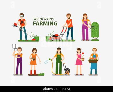 Agricoltura e Giardinaggio Orticoltura set di icone. Le persone al lavoro in azienda. Illustrazione Vettoriale Illustrazione Vettoriale