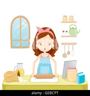 Ragazza Thresh Farina con TabLet, cucina, stoviglie, vasellame, cottura, alimentari, panetteria, professione, lo stile di vita Illustrazione Vettoriale