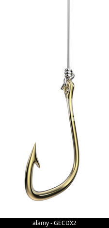 3D Render di Golden amo da pesca attaccata alla pesca d'argento linea con Clinch Knot. Foto Stock