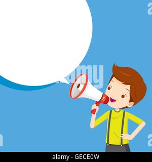 Ragazzo con megafono annuncio, commerciale, promozione, evento, annuncio, Marketing, presentatore Illustrazione Vettoriale