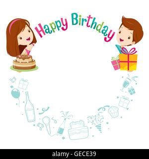 Ragazzo, ragazza e le icone con il compleanno telaio a cerchio, Festa di Compleanno, banchetti, festa, celebrazione, dono Illustrazione Vettoriale