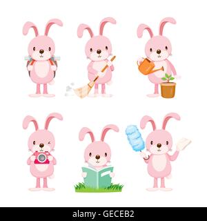 Coniglio rosa azioni impostate, i lavori domestici, elettrodomestici, utensili domestici, icona Computer, pulizia, simbolo icona impostare, stagione primavera Illustrazione Vettoriale