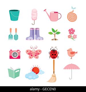Molla di set di icone, giardinaggio, i lavori domestici, elettrodomestici, utensili domestici, icona Computer, pulizia, simbolo icona impostare Illustrazione Vettoriale