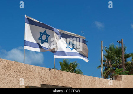 Tel Aviv: due sventolando bandiere di Israele, la bandiera di Israele è stato adottato il 28 ottobre 1948, 5 mesi dopo la creazione dello Stato di Israele Foto Stock