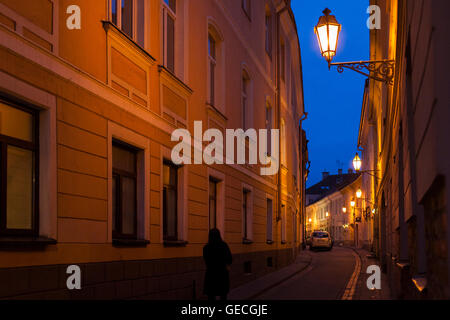 Camminare per strada curvilinea passato architettura medievale di notte nella città lituana di Vilnius Foto Stock