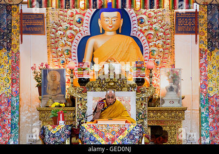 Sua Santità il Dalai Lama durante gli insegnamenti al monastero Namgyal,nel complesso Tsuglagkhang. McLeod Ganj Dharamsala, Himachal Pra Foto Stock