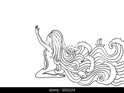 Bianco e nero doodle illustrazione. Donna incinta pregando. Ragazza con acqua invece di capelli Illustrazione Vettoriale