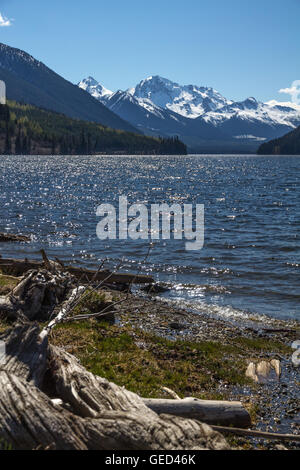 Vista lungo la Duffey Lake, BC verso snow-capped Cayoosh Mountain Foto Stock