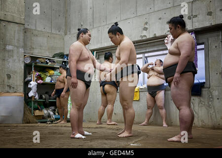 TOKYO, Giappone - 18 Maggio 2016: giapponese lottatore di sumo formazione nel loro stallo in Tokyo Foto Stock