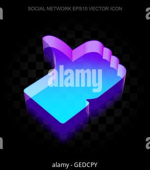 Social media icona: 3d neon incandescente pollice in alto realizzato in vetro, EPS 10 vettore. Illustrazione Vettoriale