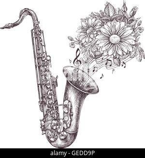 La musica jazz. Mano-bozzetto un sassofono, sax e fiori. Illustrazione Vettoriale Illustrazione Vettoriale