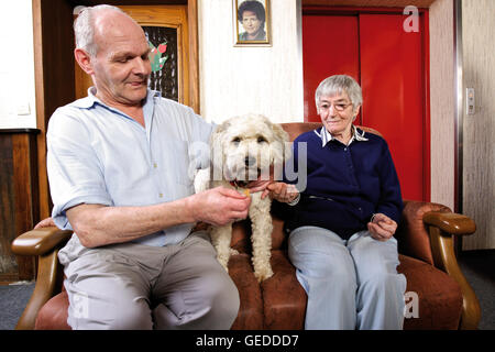 Anziani abitanti petting un cane in una casa di cura Foto Stock
