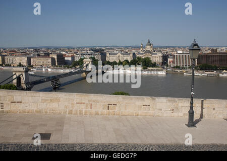 Vista dal cortile esterno sulla collina del castello passato il ponte della Catena di Pest Foto Stock