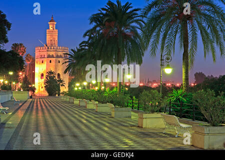 Geografia / viaggi Andalusia, Torre del Oro (torre d'oro) che ospita anche il Museo Maritimo lungo Paseo Alcalde Marques del Contadero al crepuscolo, No-Exclusive-uso Foto Stock