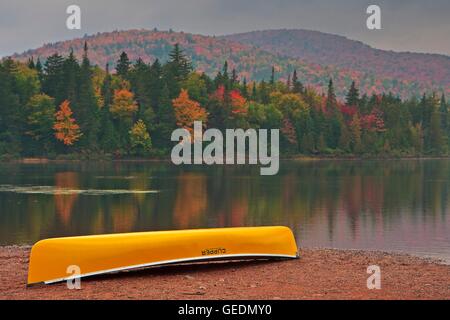 Geografia / viaggi, Canada, Québec, Canoe sulla riva del Lac Monroe durante la caduta nel Parc national du Mont Tremblant, un parco provinciale del Québec, Laurentides, Quebec, Foto Stock