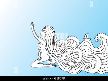 Bianco e nero doodle illustrazione su blu gradiente dello sfondo. Donna incinta pregando. Illustrazione Vettoriale