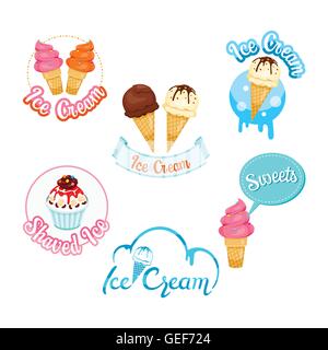 Set di Gelato elementi di design, Logo ed etichetta, estate, alimenti congelati, mangiare, ghiacciato Illustrazione Vettoriale