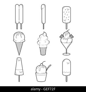 Gelato di oggetti di contorno set di icone, estate, alimenti congelati, mangiare, ghiacciato Illustrazione Vettoriale