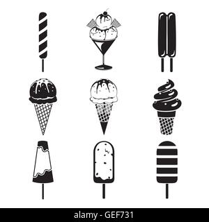 Ice Cream oggetti set di icone, monocromatico, estate, alimenti congelati, mangiare, ghiacciato Illustrazione Vettoriale