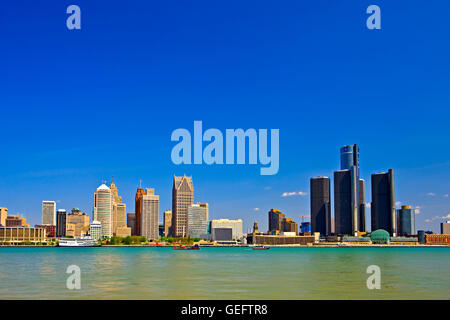 Geografia,viaggi, Canada, Michigan, Detroit, Skyline Detroit città sul fiume Detroit nel Michigan, visto dalla città di Windsor, Ontario, Foto Stock
