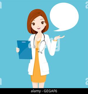 Donna medico tenendo appunti parlando, medico, ospedale, Checkup, paziente sano, trattamento, Personale Illustrazione Vettoriale