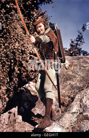Errol Flynn Robin Hood (Errol Flynn) gelingt es, dem rechtmaessigen Koenig zum Sieg zu verhelfen. *** Caption locale *** 1938, le avventure di Robin Hood, Robin Hood, Koenig Der Vagabunden Foto Stock