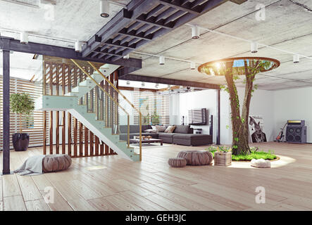 Eco design di interni moderni. Vita reale tree indoor. 3d concept Foto Stock