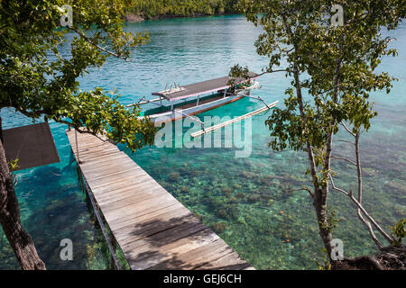 Foto di legno naturale barca dalla coda lunga parcheggiato Oceano Caraibico Pier. Blu chiaro l'acqua. Orizzontale. Foto Stock