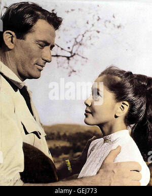 Gregory Peck, Win Min rispetto alle principali Forrester (Gregory Peck) ist mit einem Kommando der Royal Air Force in Birmania stationiert. Dort lernt er Anna (Win Min di) kennen und verliebt sich in sie. *** Caption locale *** 1954, Viola, Pianura, Flammen Über Fernost Foto Stock