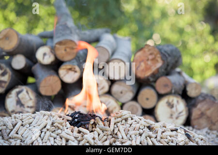 Agglomerati in forma di pellets in fiamme Foto Stock