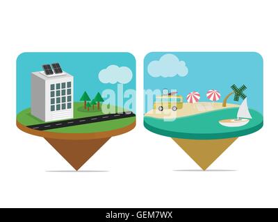 Icona isometrico : edificio per uffici e la spiaggia Illustrazione Vettoriale