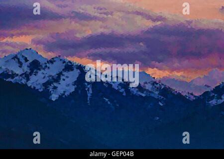 Vettore bassa astratta poli sfondo triangolare, suggestive montagne al tramonto. Illustrazione Vettoriale