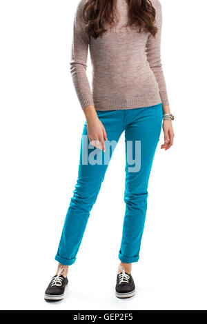 Donna in felpa beige. Foto Stock