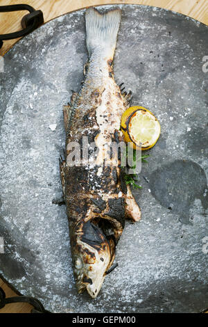 Elevato angolo di visione di un pesce alla griglia con limone e erbe aromatiche. Foto Stock