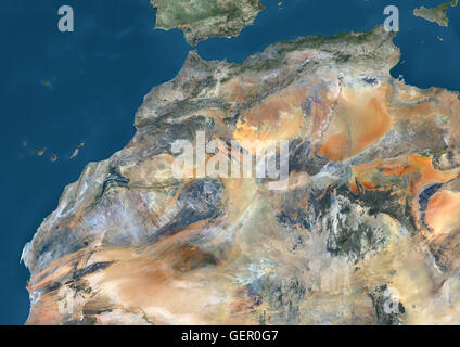 Vista satellitare di Algeria, Marocco e Tunisia. Questa immagine è stata elaborata sulla base dei dati acquisiti nel 2014 dal satellite Landsat 8 satellite. Foto Stock