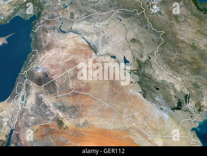 Vista satellitare di Siria, Iraq e Giordania (con i confini del paese). Questa immagine è stata elaborata sulla base dei dati acquisiti nel 2014 dal satellite Landsat 8 satellite. Foto Stock