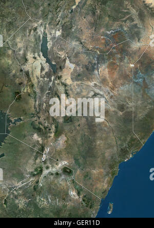Vista satellitare del Kenya (con i confini del paese). Questa immagine è stata elaborata sulla base dei dati acquisiti dai satelliti Landsat. Foto Stock