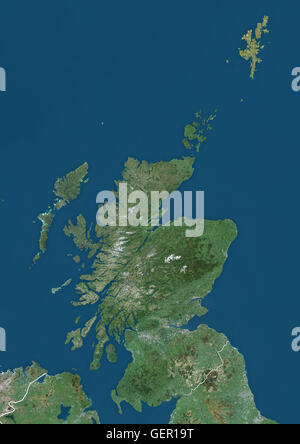 Vista satellitare della Scozia e le isole del Nord, Regno Unito (con i confini del paese). L'immagine mostra la Scozia continentale, comprese le isole del nord e delle Isole Ebridi. Questa immagine è stata elaborata sulla base dei dati acquisiti dai satelliti Landsat. Foto Stock