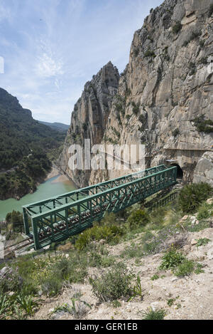 Il Caminito del Rey mountain marciapiede attraversando il ponte della ferrovia e capi in stretta gola Foto Stock