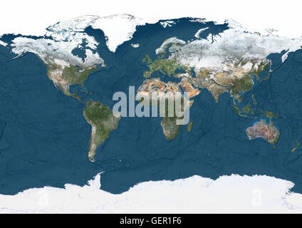 Mondo Mappa satellitare in inverno, con parziale copertura di neve e mostrando fondali oceanici. Questa immagine è stata elaborata sulla base dei dati acquisiti dal satellite Landsat 7 & 8 satelliti. Foto Stock