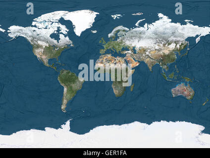 Mondo Mappa satellitare in inverno, con parziale copertura di neve e mostrando fondali oceanici. Questa immagine è stata elaborata sulla base dei dati acquisiti dal satellite Landsat 7 & 8 satelliti. Foto Stock