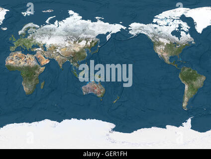 Mondo Mappa satellitare (Pacific centrato) in inverno, con parziale copertura di neve e mostrando fondali oceanici. Questa immagine è stata elaborata sulla base dei dati acquisiti dal satellite Landsat 7 & 8 satelliti. Foto Stock