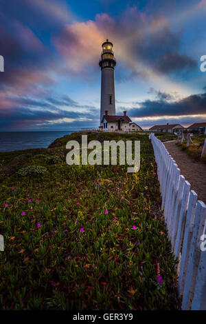 Recinzione bianca che conduce a Pigeon Point Lighthouse composizione verticale Foto Stock