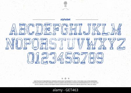 Set di disegnati a mano, corsivo alfabeto lettere e numeri sulla trama della carta. font vettoriali modello tipo. Delineare lettering icone. Illustrazione Vettoriale