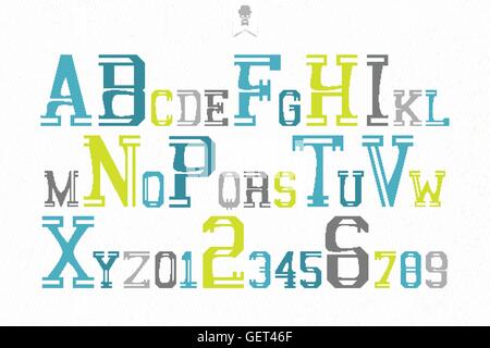 Set di alfabeto colorato lettere e numeri sulla carta bianca texture. vettore di tipo font. design retrò, lettere in grassetto le icone. vin Illustrazione Vettoriale